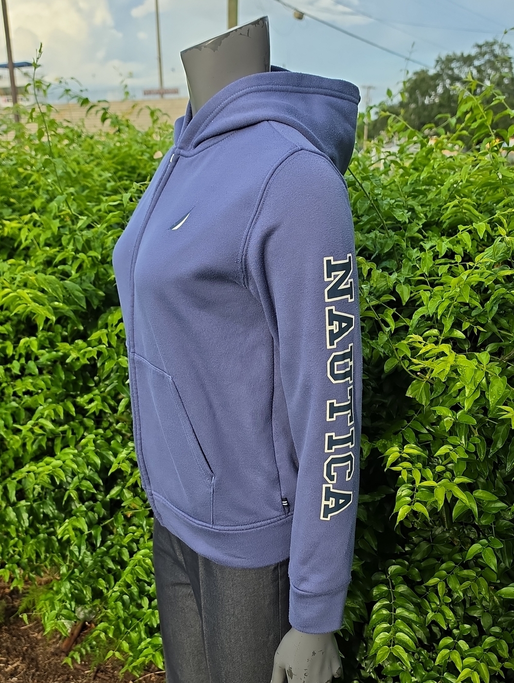 Nautica Women's Hooded Fleece Jacket in Navy Blue with Sleeve Logo